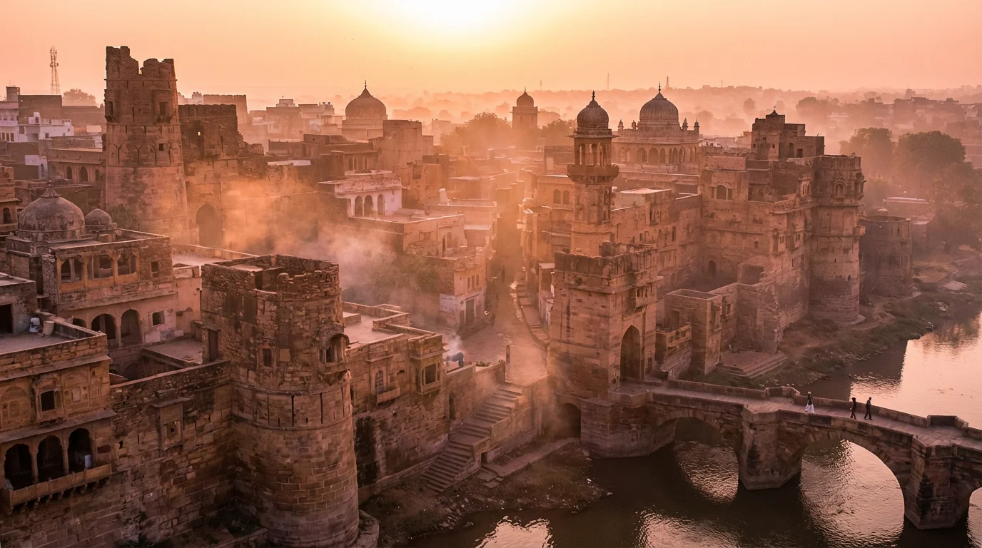 Sunrise over an ancient cityscape, suggesting hope and worship.