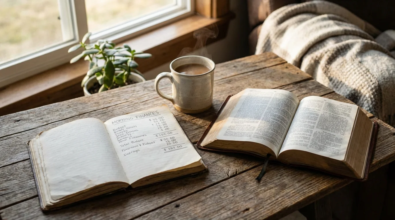 A peaceful morning scene with a budget notebook, coffee, and an open Bible on a kitchen table.