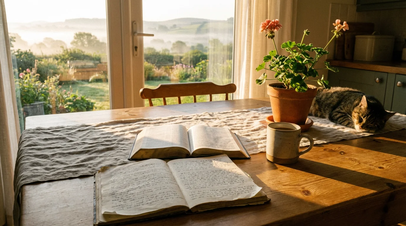 A sunrise-lit kitchen table with an open Bible, a notebook budget, and a warm mug.