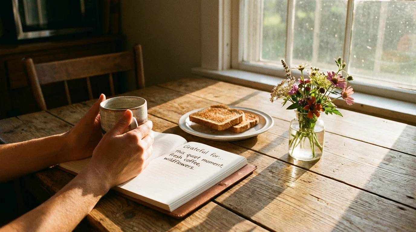 Morning light over a kitchen table set for a quiet moment of gratitude.