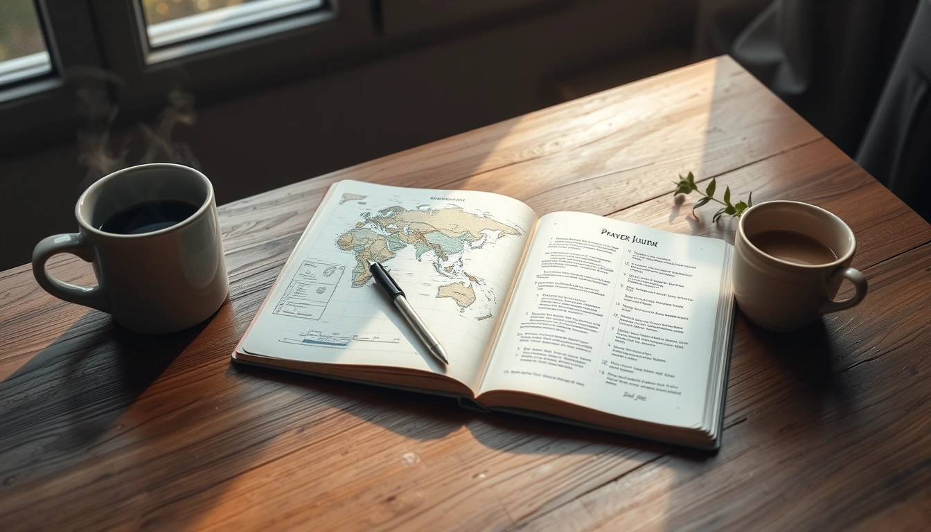 A peaceful morning setup with a map and prayer journal inviting prayer for global workers.