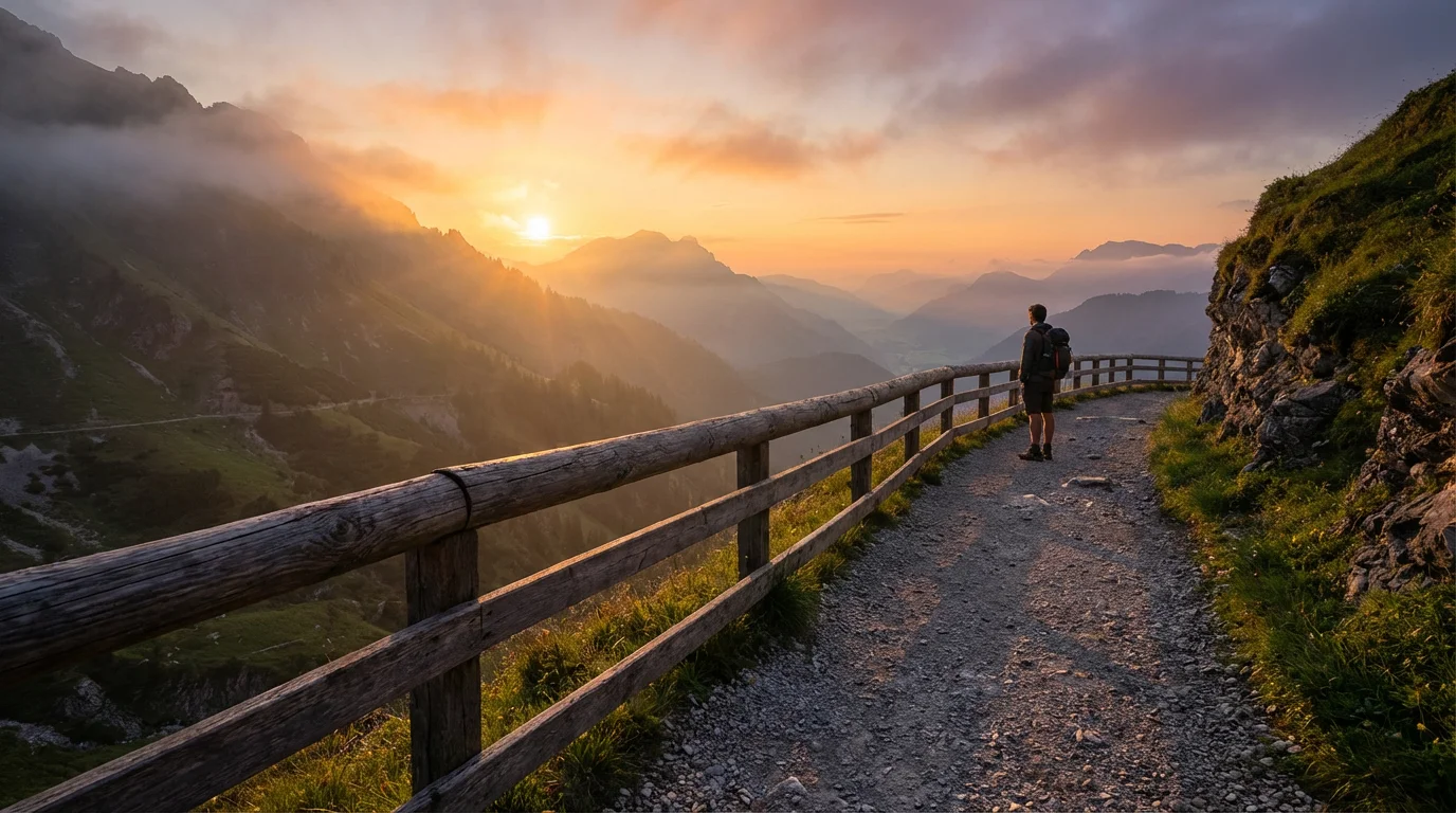 Sunrise over a safe mountain path with a wooden guardrail.