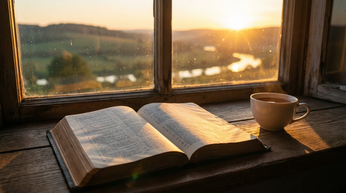 An open Bible by a window at sunrise, inviting quiet reflection.