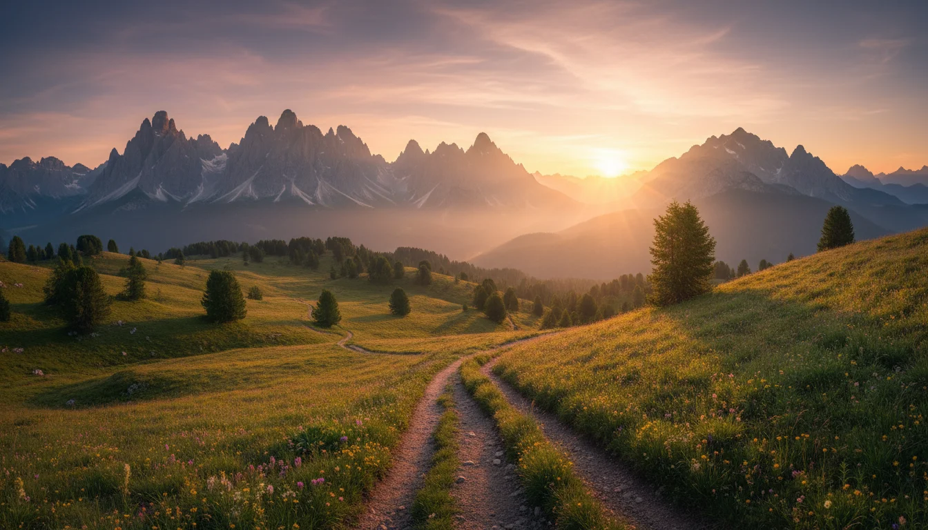 Sunrise over quiet mountains and a winding path, evoking hope.
