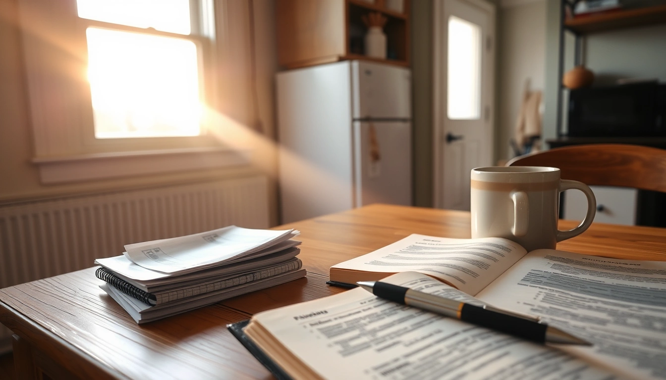 Morning light over a kitchen table with bills, a Bible, and a notebook.