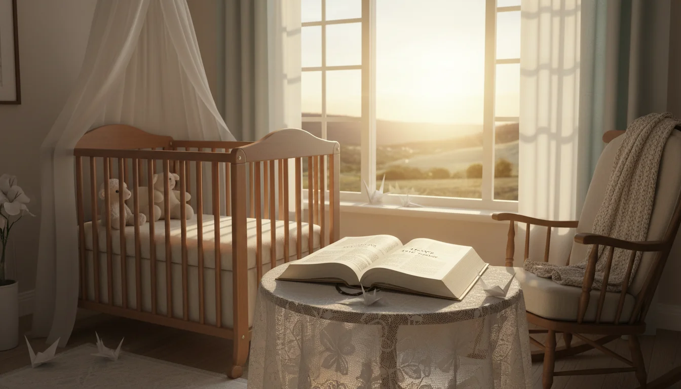 A peaceful nursery at sunrise with an open Bible and a quiet sense of hope.