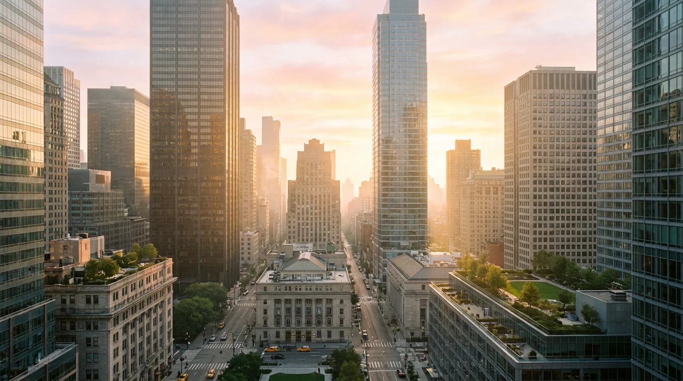 Soft sunrise over an office district, suggesting a hopeful start to the workday.