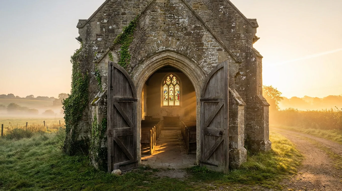 Sunrise light on an old church with open doors inviting reflection.