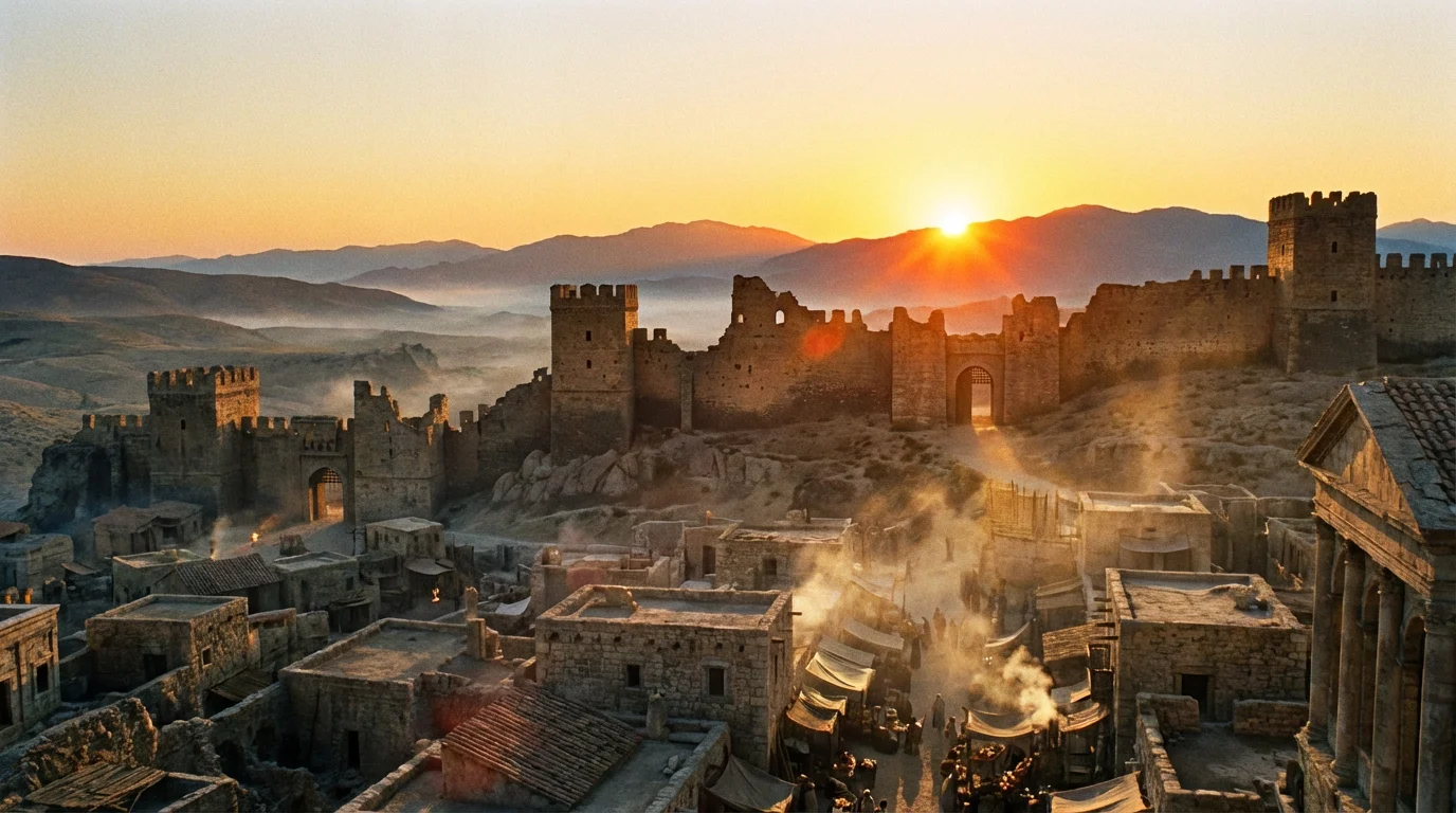 Sunrise light over ancient city walls creates a peaceful, reflective scene.