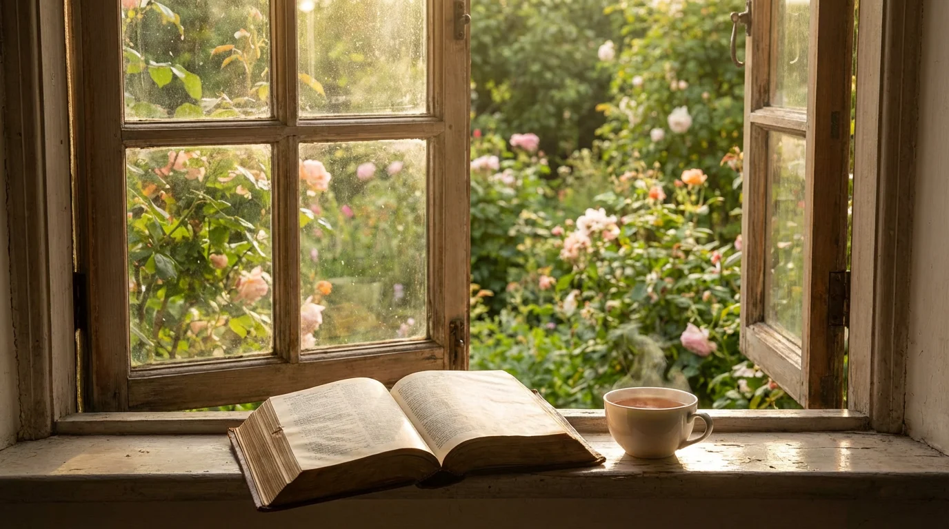 An open Bible by a sunlit window with a garden view, signaling a fresh start.