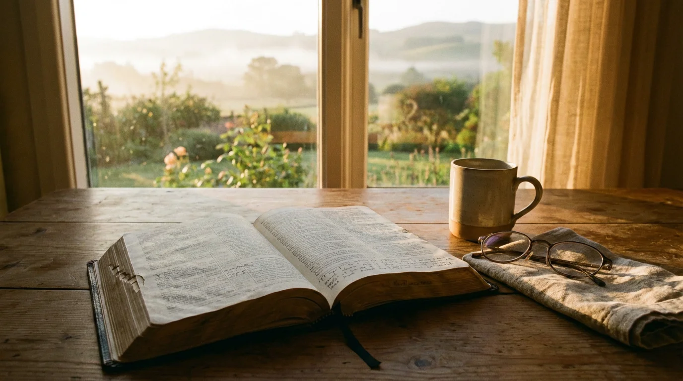 An open Bible at dawn on a kitchen table invites quiet study.