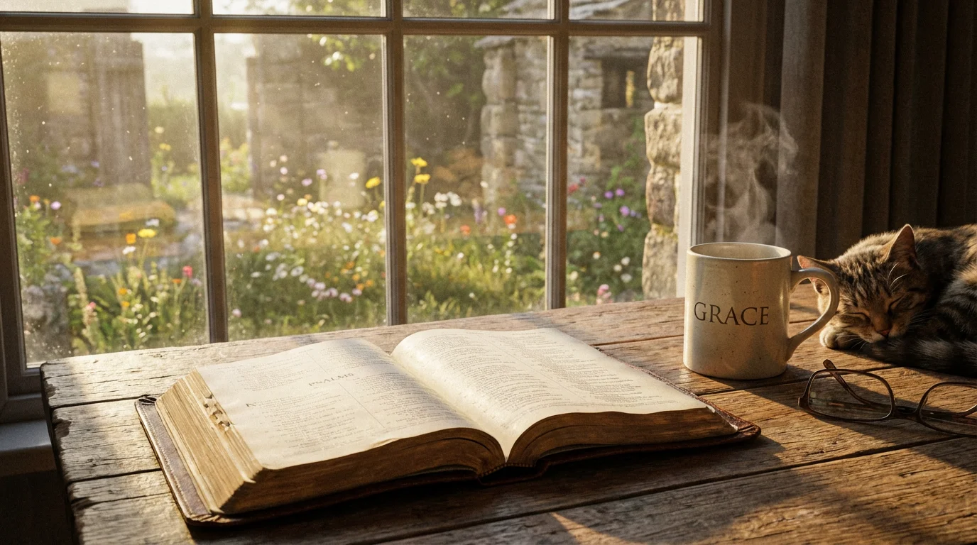 Open Bible by a sunny window with a mug of tea, inviting quiet study.