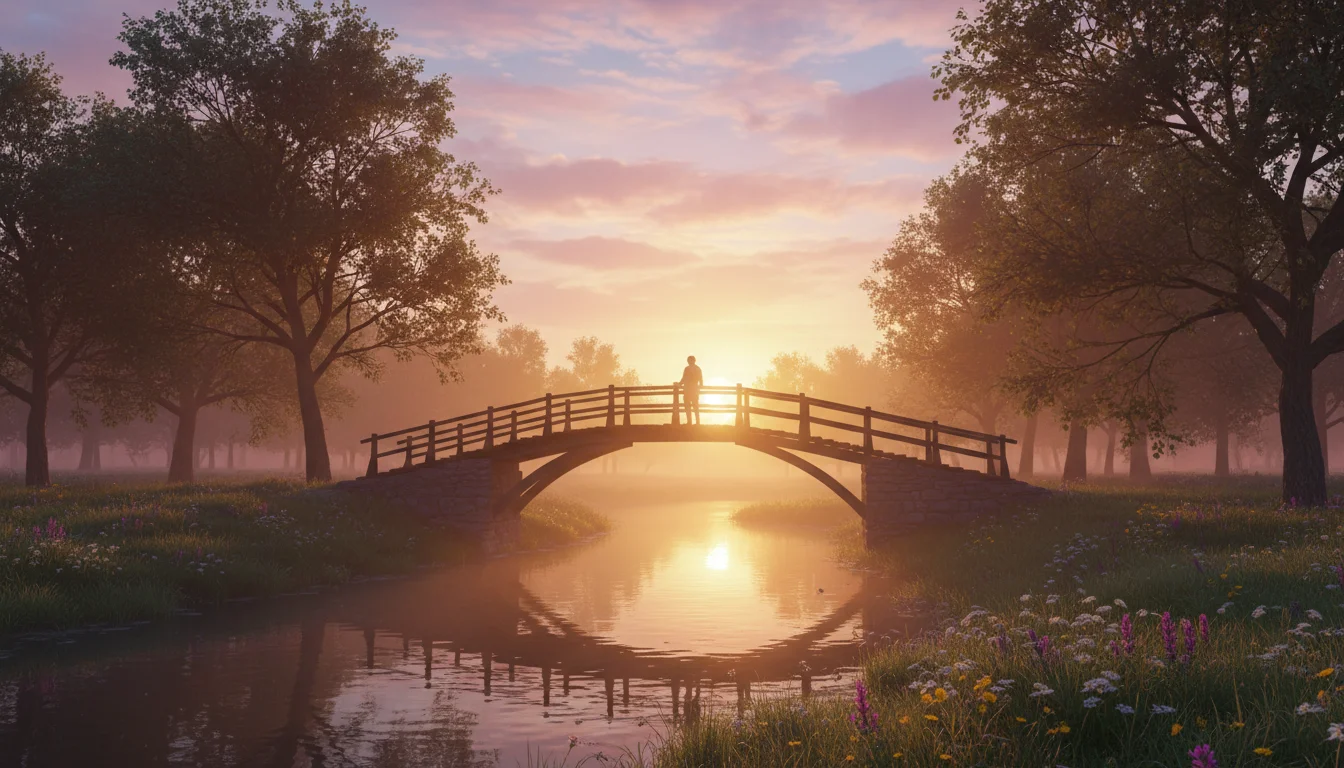 A sunrise over a quiet footbridge invites a hopeful crossing.