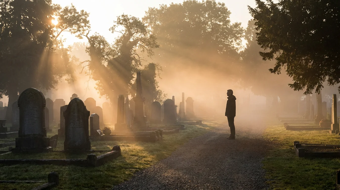 Sunrise light over a peaceful cemetery with soft morning mist.