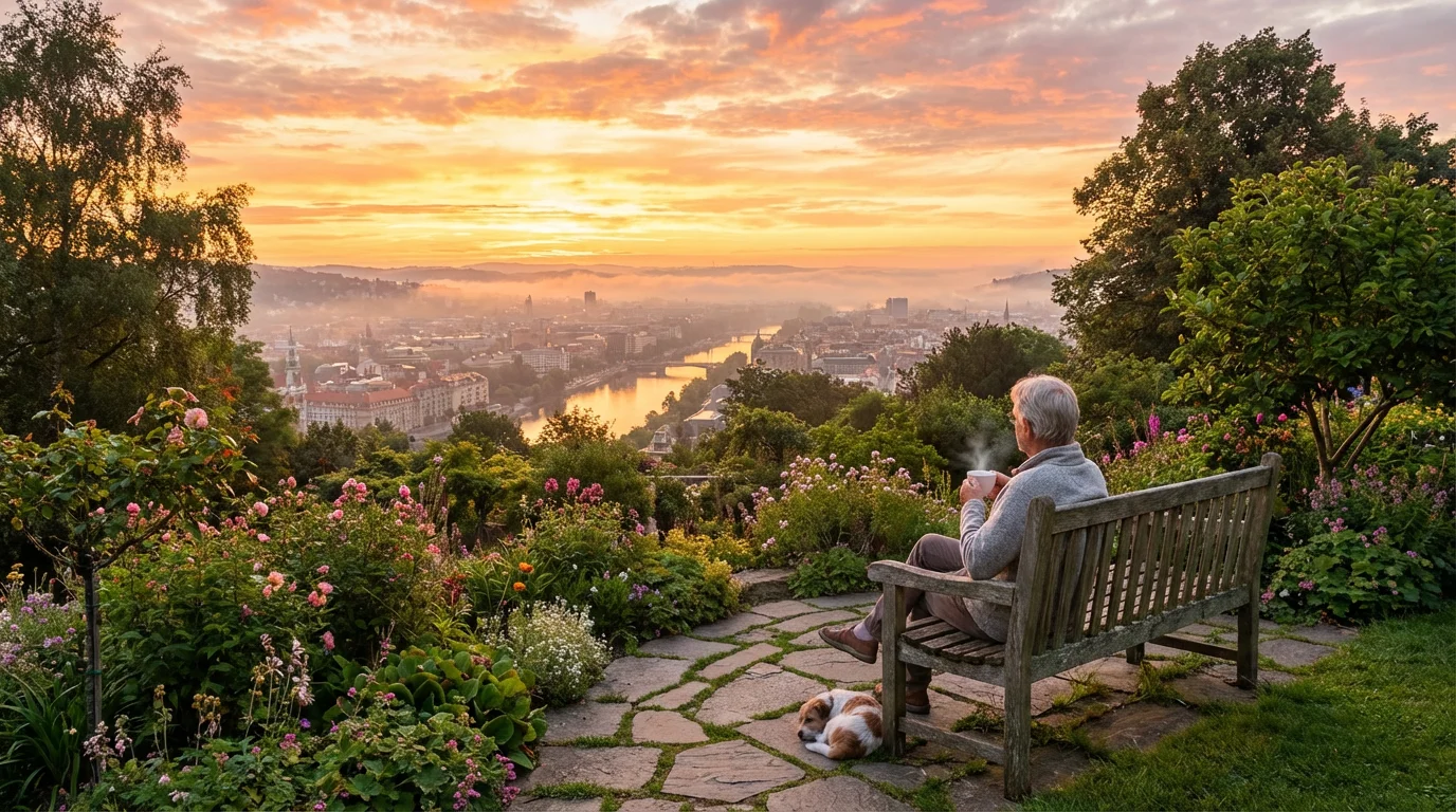 A peaceful garden overlook at sunrise with a quiet city below.