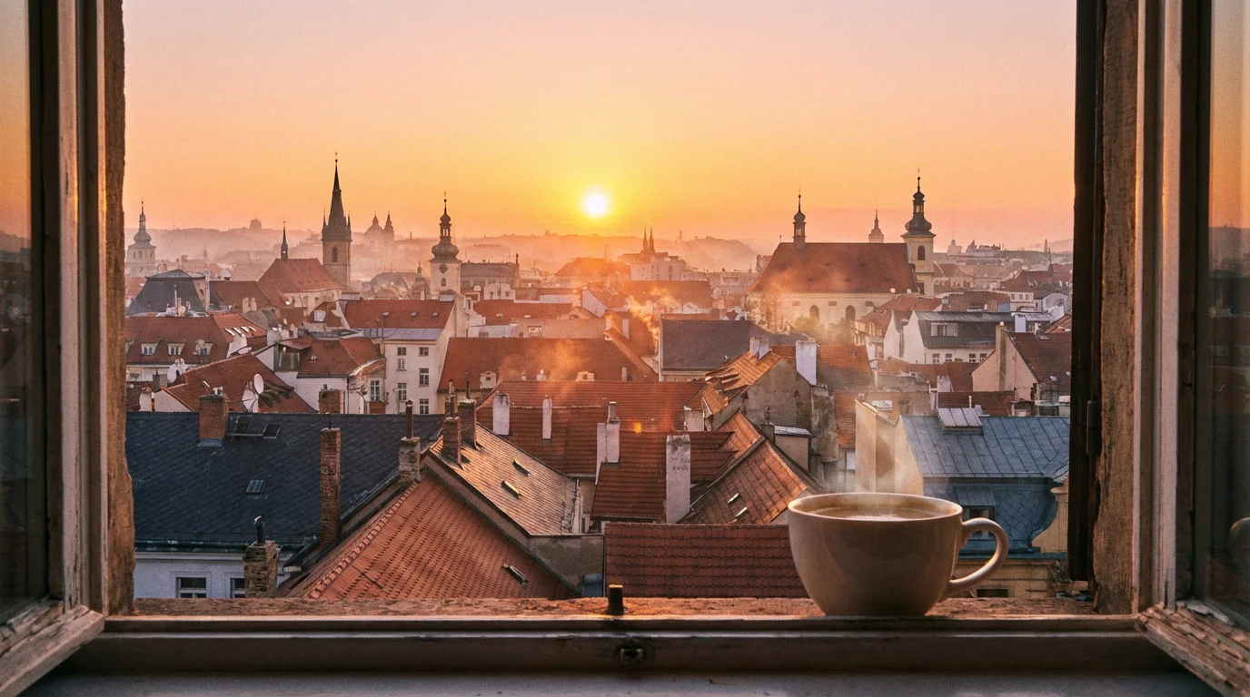 Sunrise over calm rooftops with gentle morning light.