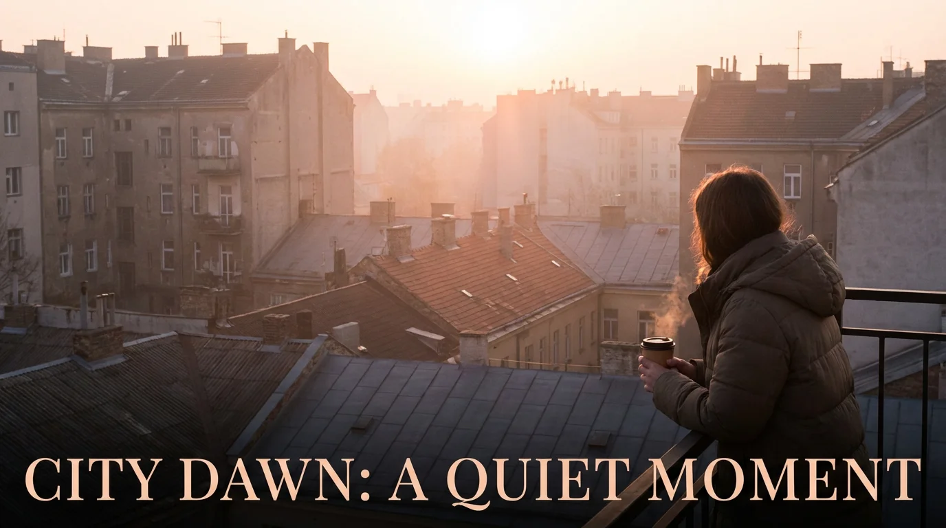 A calm sunrise warms quiet city rooftops, suggesting hope and a fresh beginning.