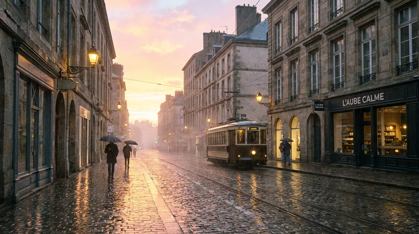 A calm city street after rain at sunrise, suggesting a fresh start.