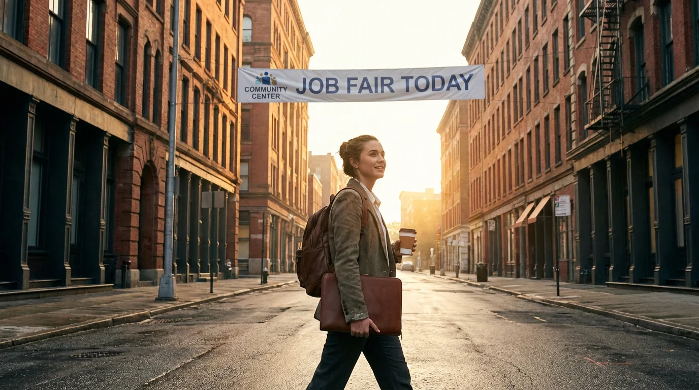 A hopeful sunrise over a quiet city street as someone heads out to seek work.