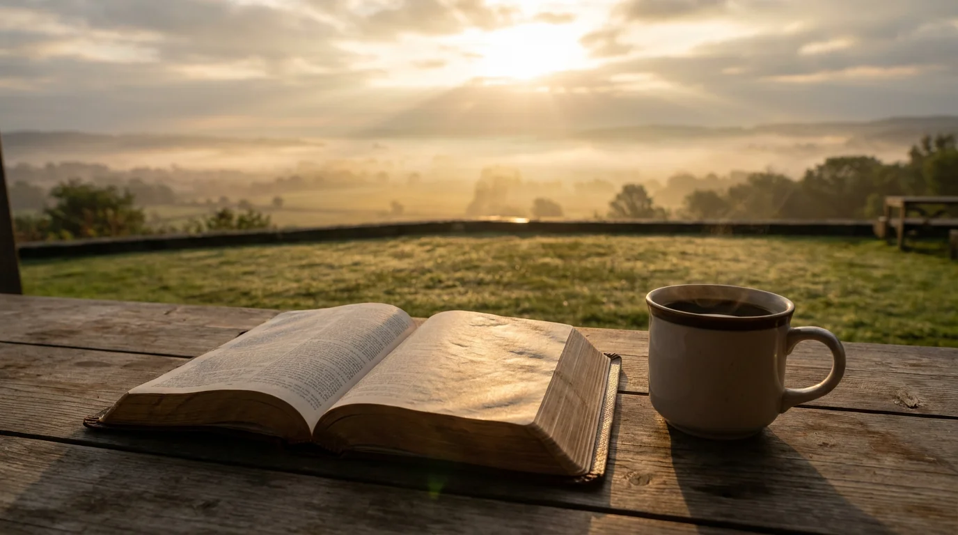 Sunrise light over a simple table with an open Bible and a warm mug.