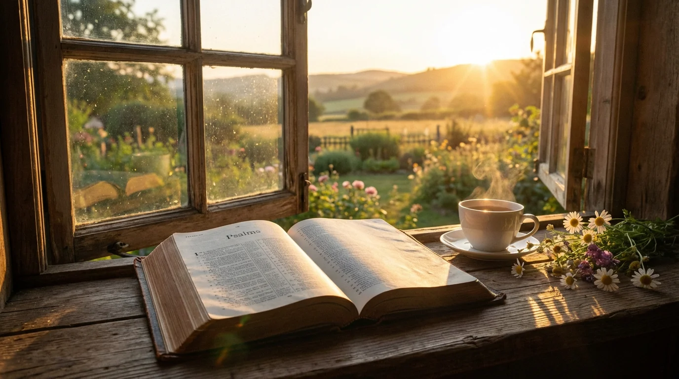 Open Bible by a window at sunrise with a quiet city beyond.