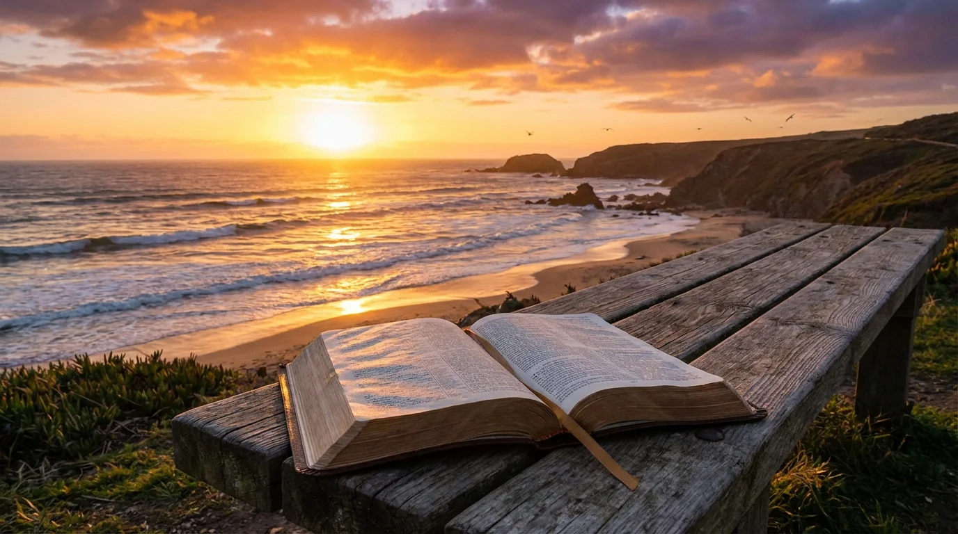 Open Bible on a bench by a coastline at sunrise, inviting reflection.