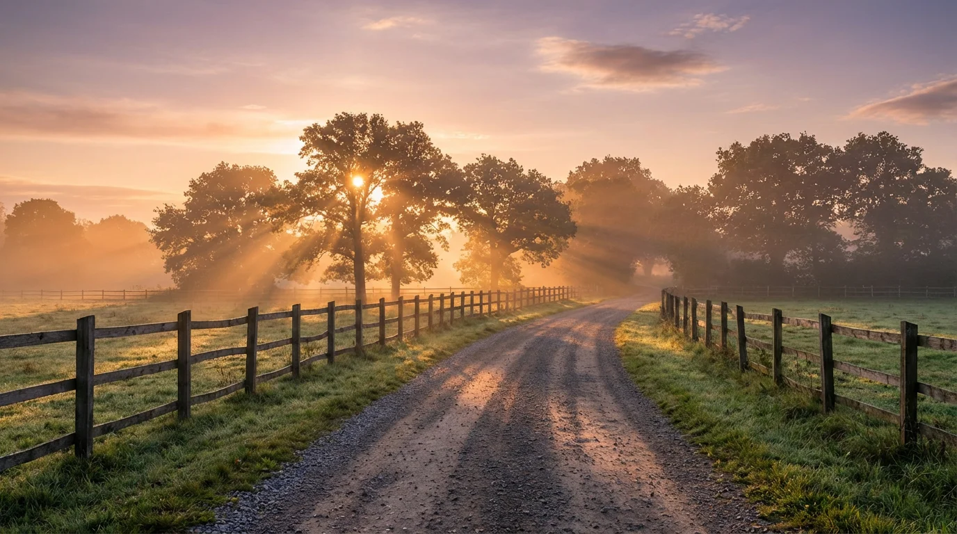 A quiet country road at sunrise suggesting a fresh start.