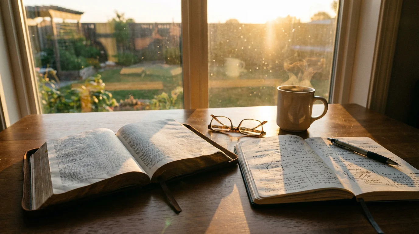 Morning light over an open Bible and notebook on a quiet desk.