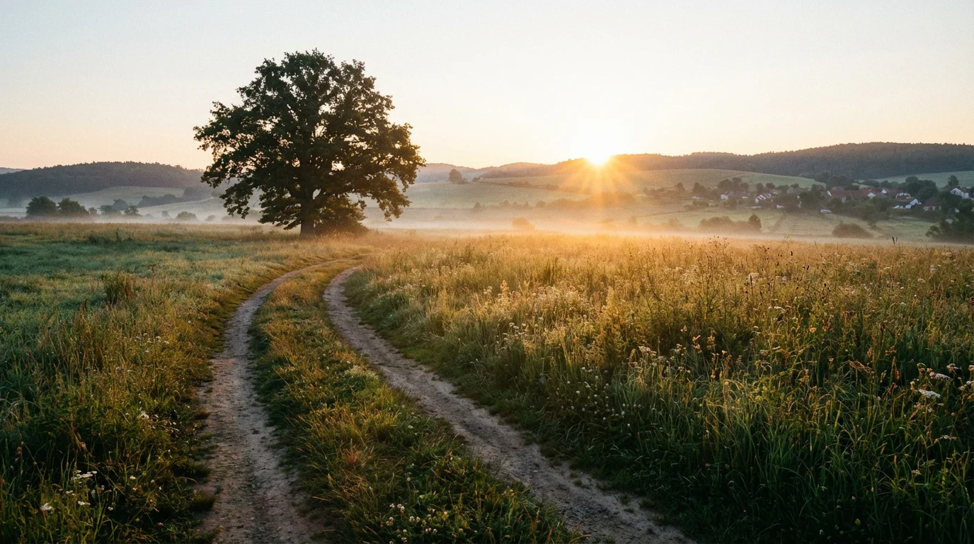 Sunrise over a quiet field with a winding path, evoking patient hope.