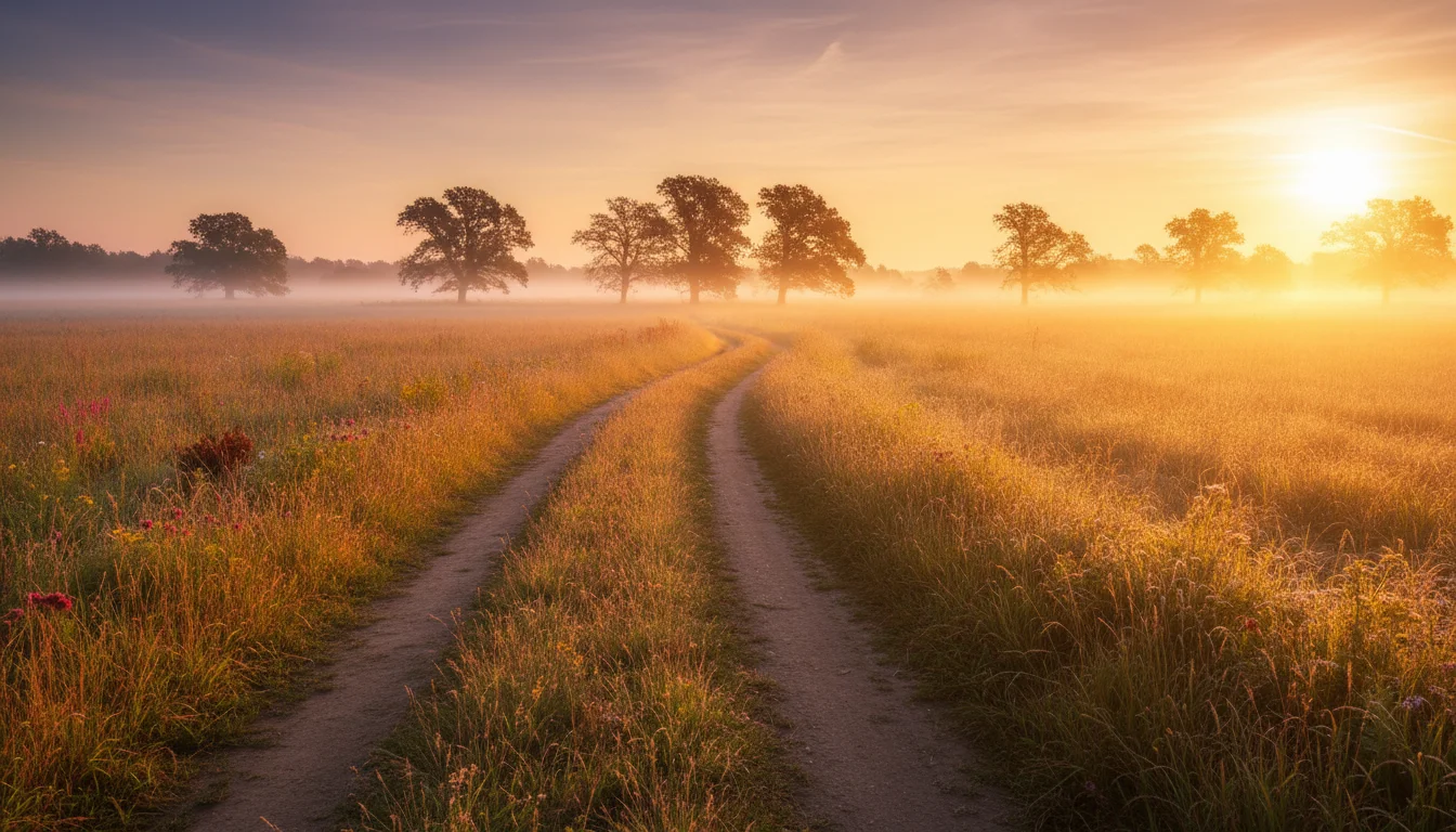 A sunrise over a quiet field with a path leading toward the light.