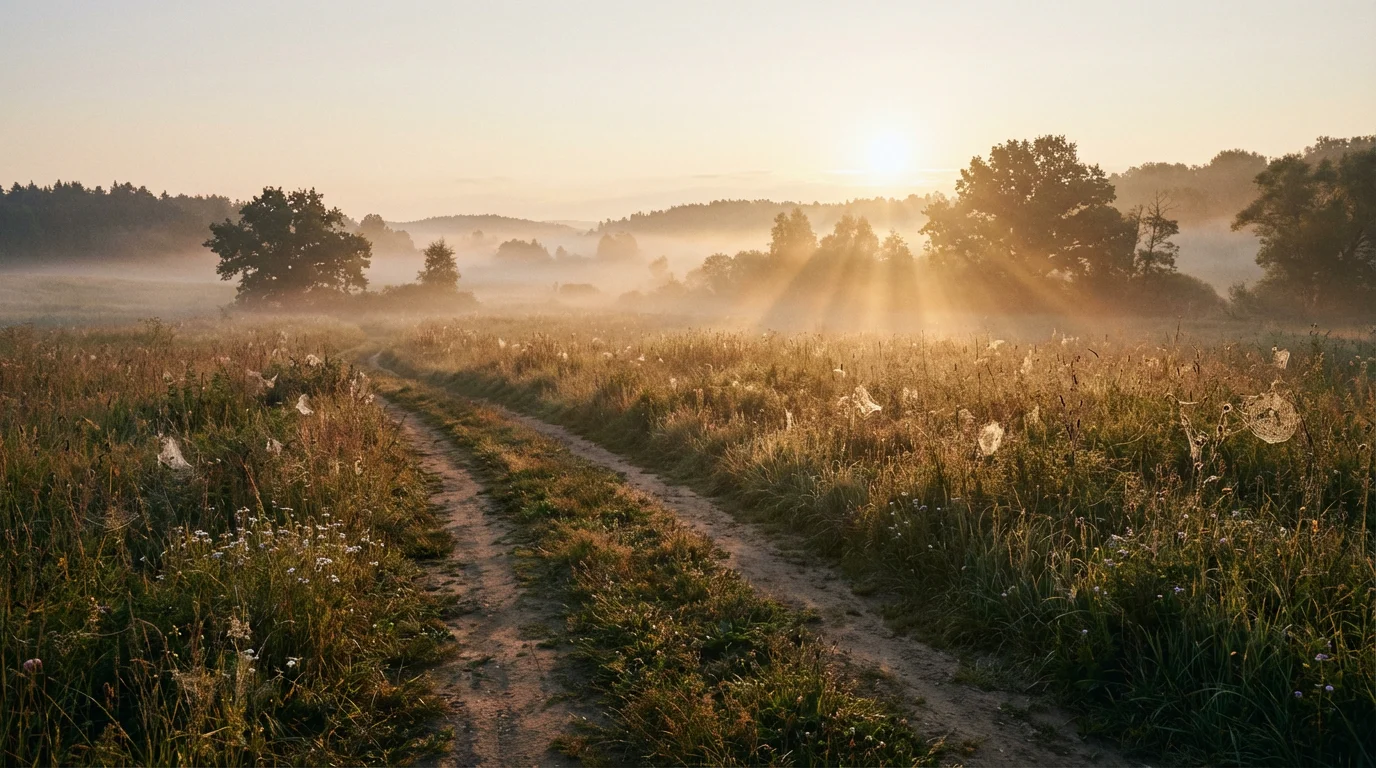 Sunrise over a misty field with a winding path suggesting hope.