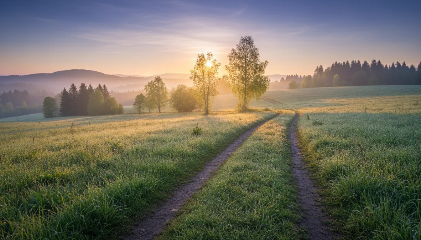 A soft sunrise over a dewy field with a winding path, evoking quiet hope.