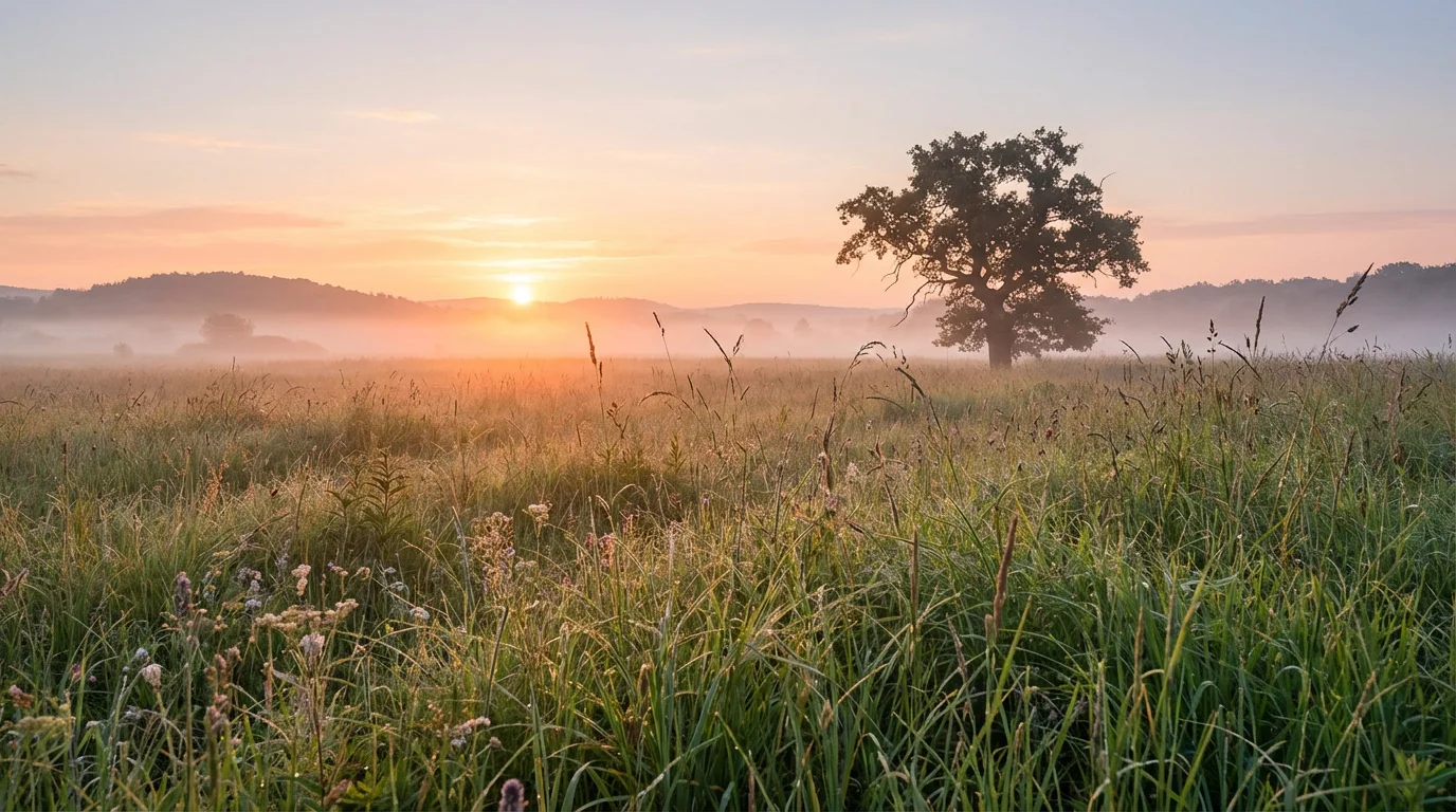 A peaceful sunrise over a dewy field suggesting fresh renewal.
