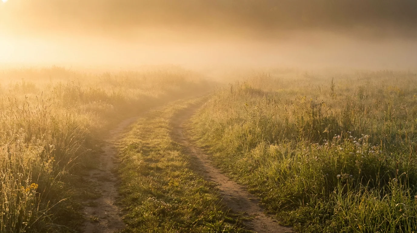 A calm sunrise over a misty field with a winding path, suggesting new beginnings.