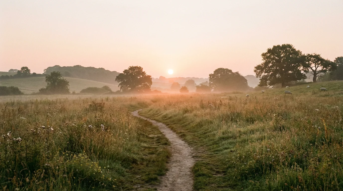 A soft sunrise over a quiet field with a winding path that invites reflection.