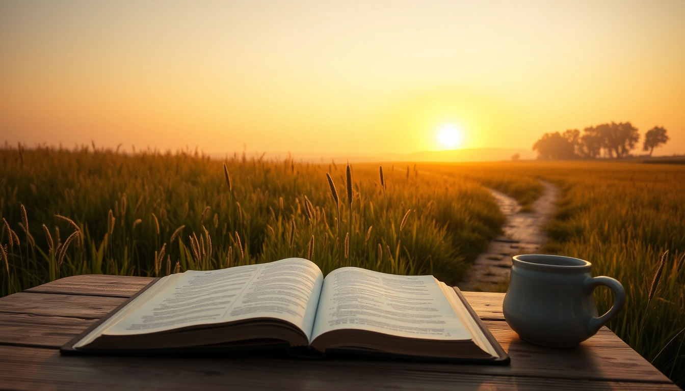 An open Bible at sunrise on a wooden table overlooking a calm field.