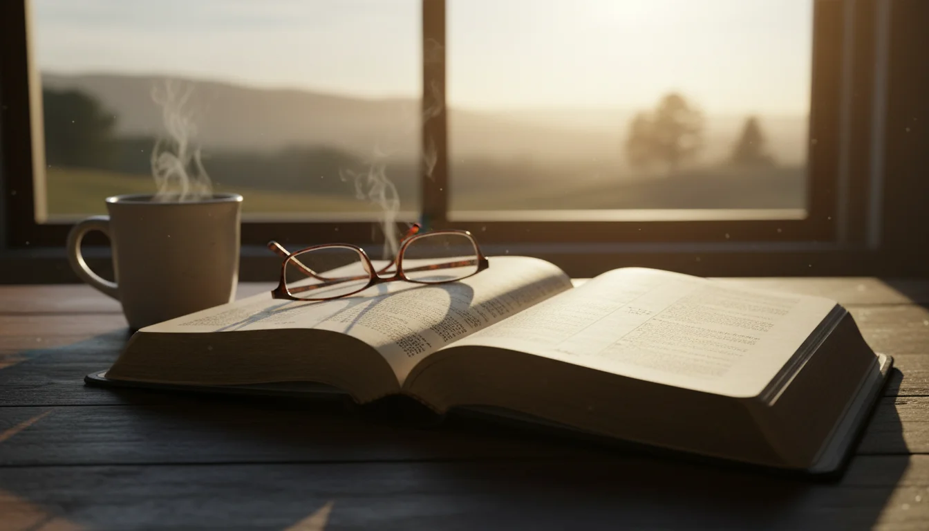 Open Bible by a warm sunrise, inviting quiet reflection and hope.