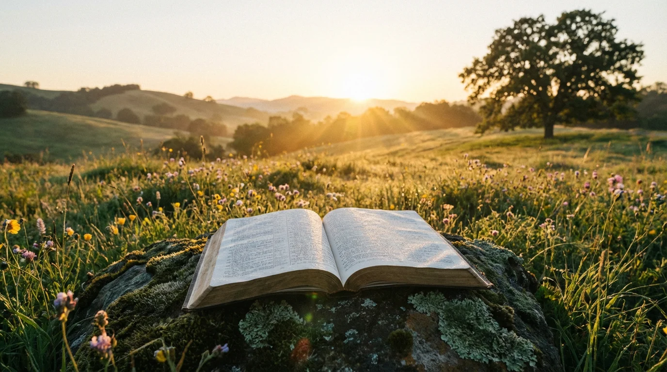 An open Bible on a table at sunrise over a quiet field suggests patient, unhurried reflection.