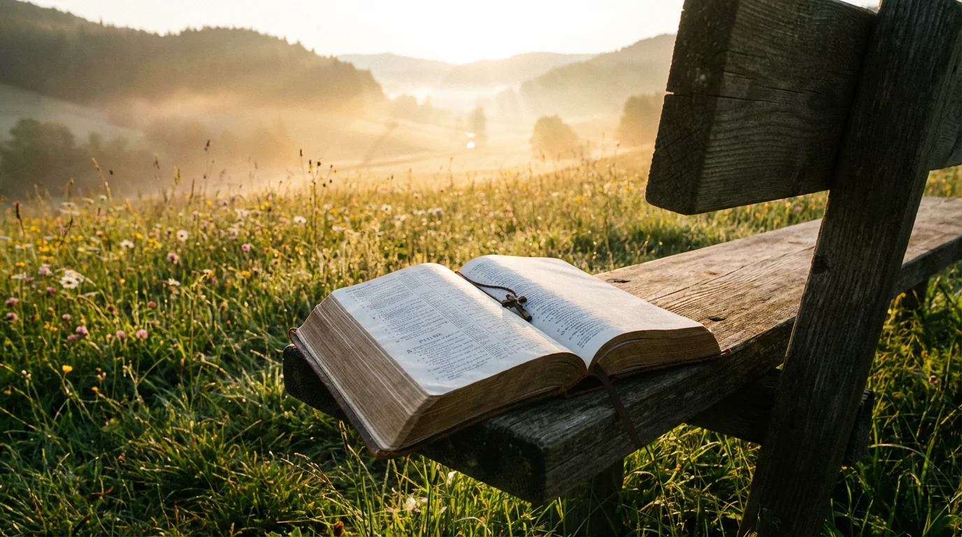 An open Bible on a bench at sunrise in a quiet meadow.