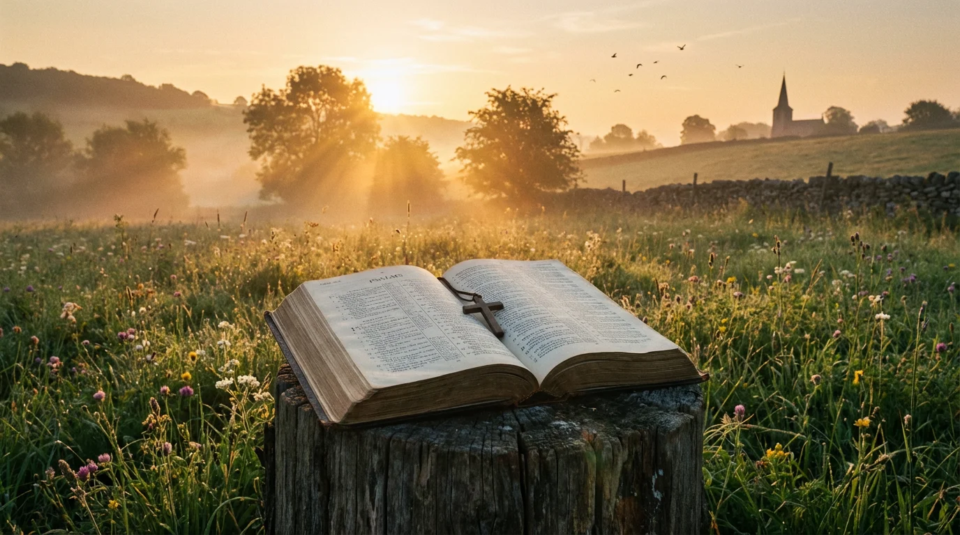 An open Bible on a table at sunrise in a peaceful field.