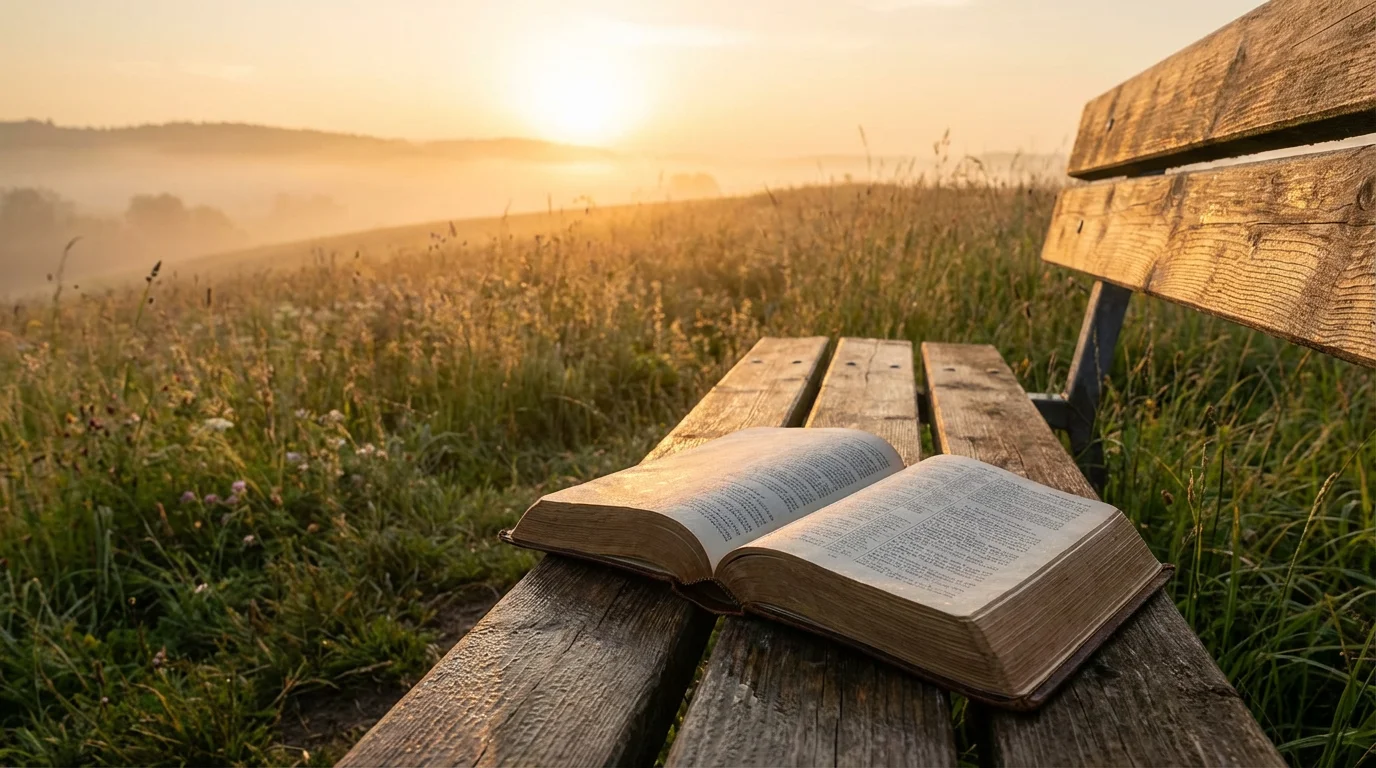 An open Bible on a bench at sunrise in a quiet field.