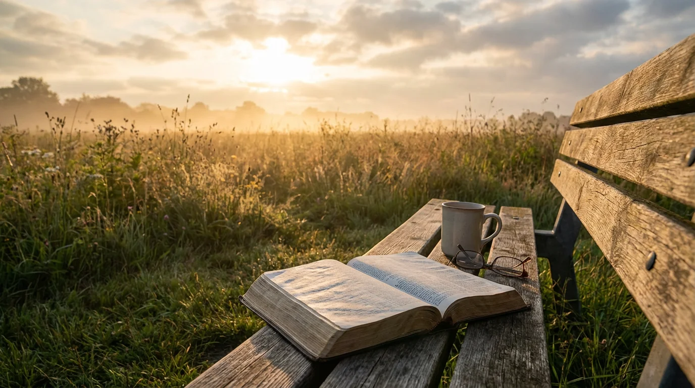 An open Bible on a bench at sunrise over a peaceful field.