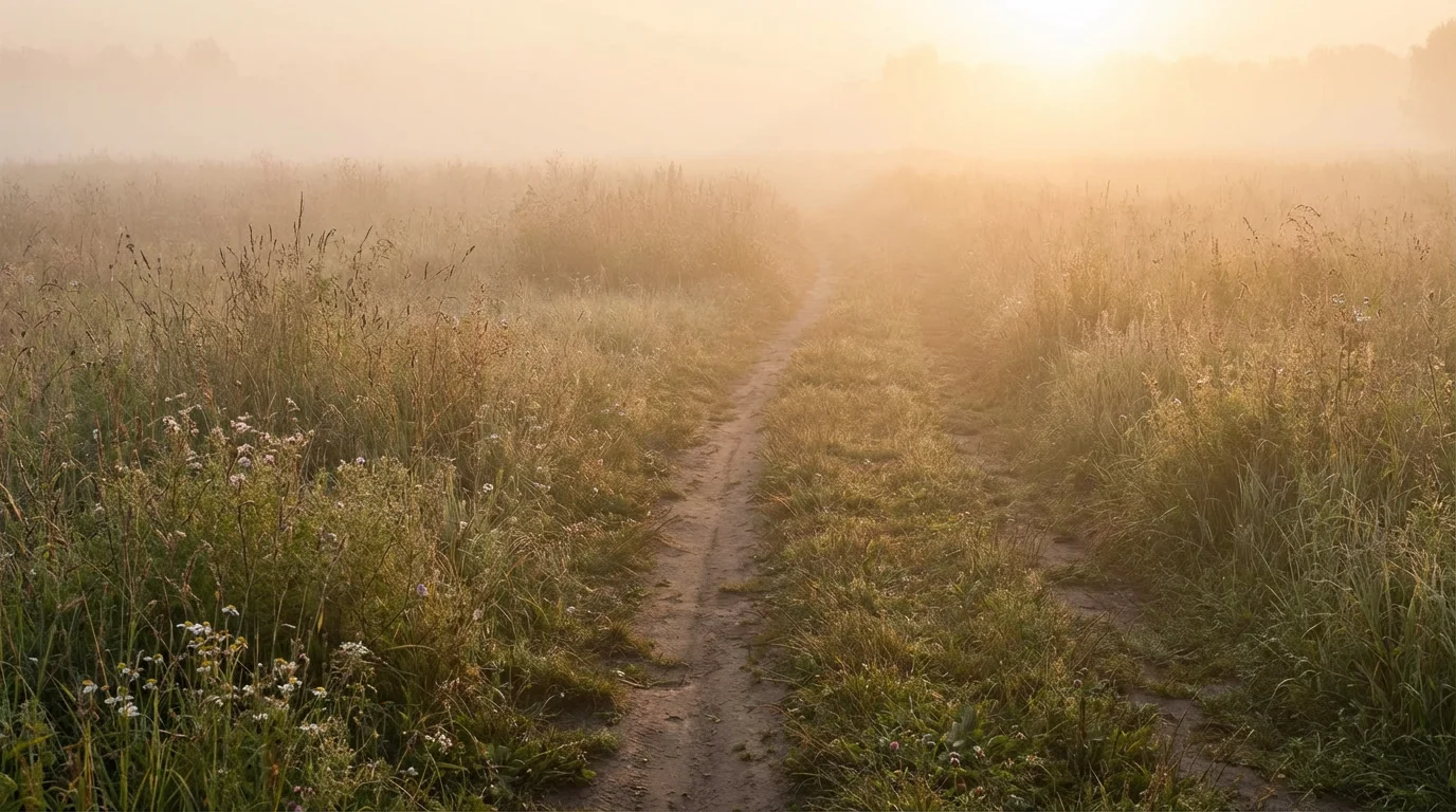 Soft sunrise over a misty field with a narrow path leading forward.