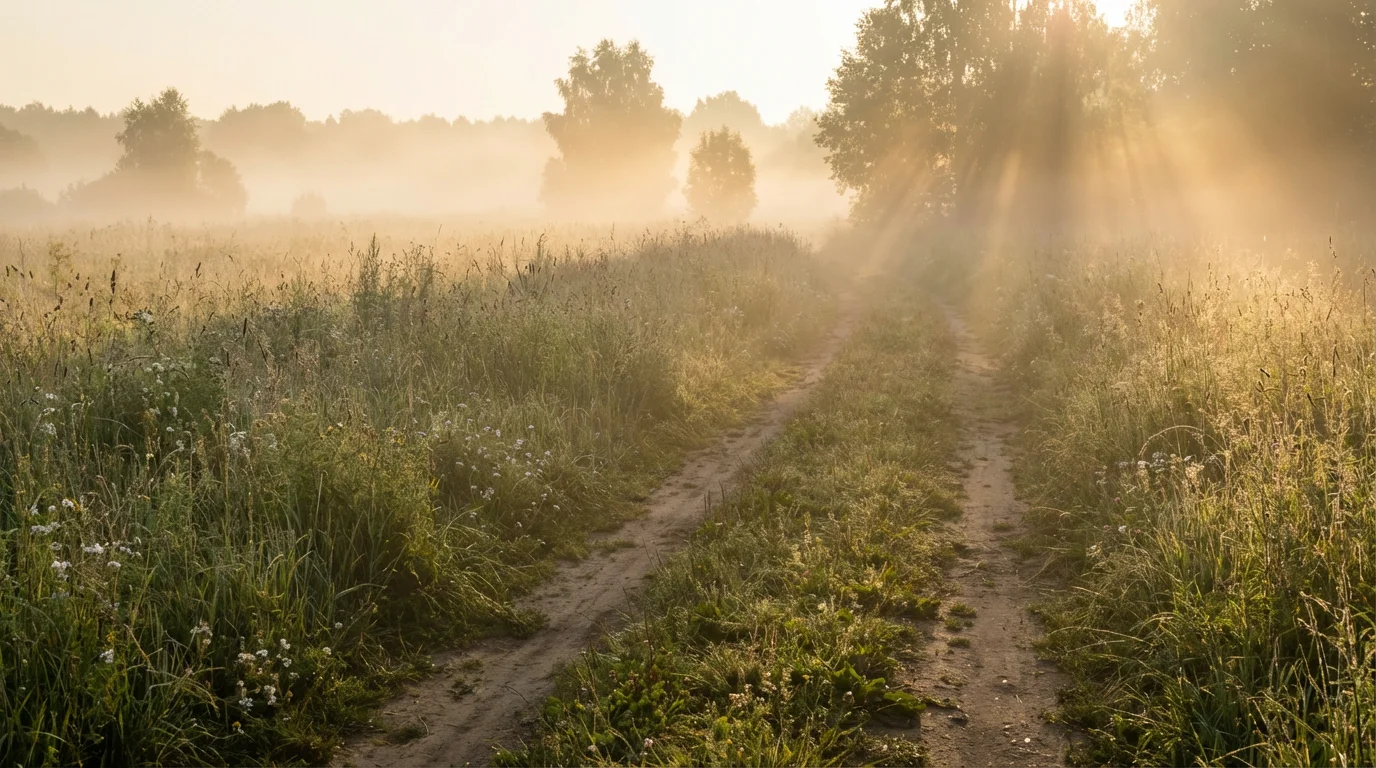 Sunrise over a misty field with a gentle footpath leading forward.