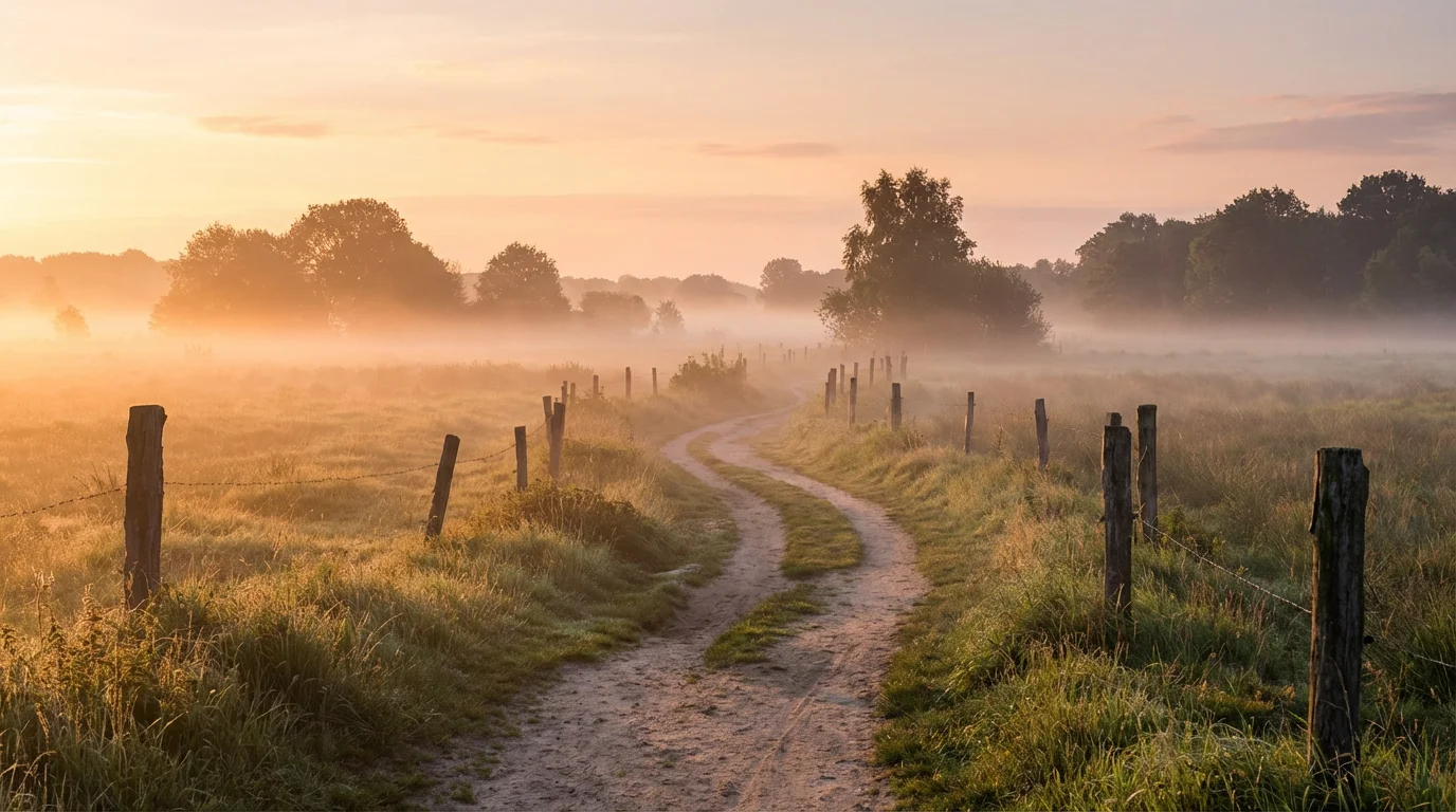 Sunrise over a quiet field with soft mist and a winding path.