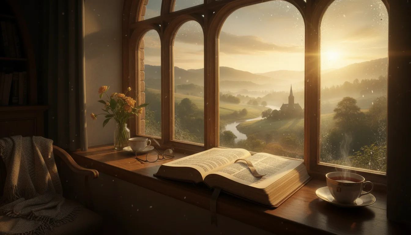 Open Bible by a window at sunrise, inviting quiet reflection.
