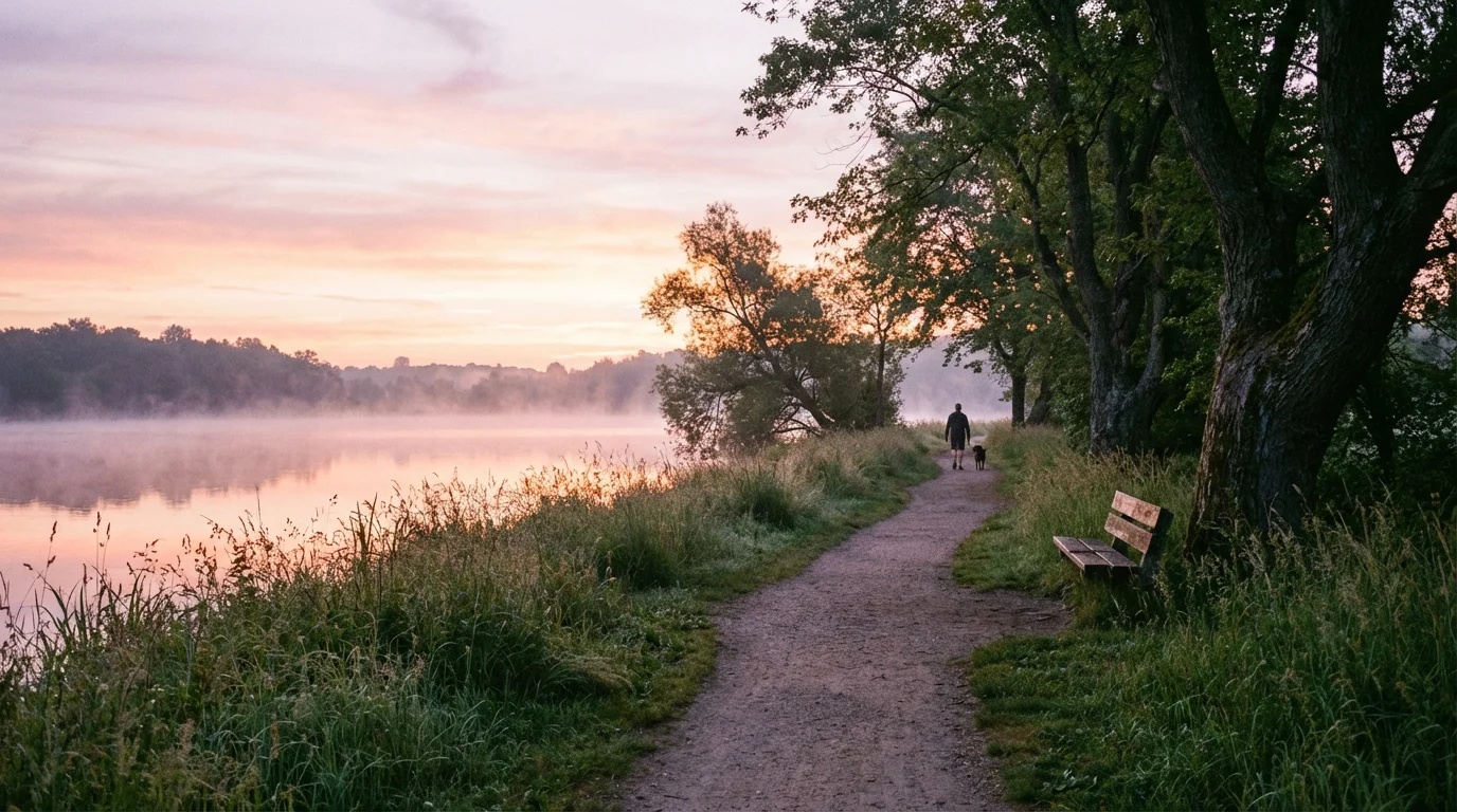Soft sunrise over a quiet lakeside path suggesting new beginnings.