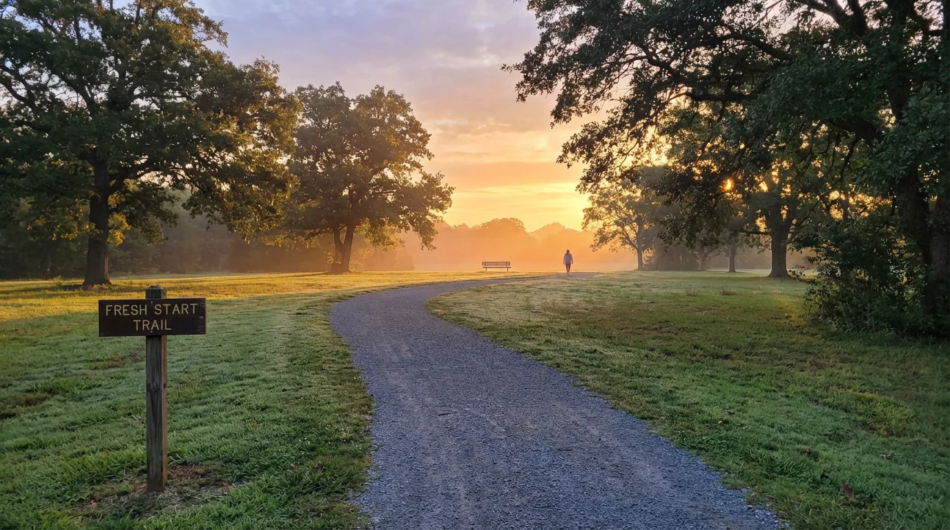 Sunrise lighting a quiet park path that suggests a fresh start.