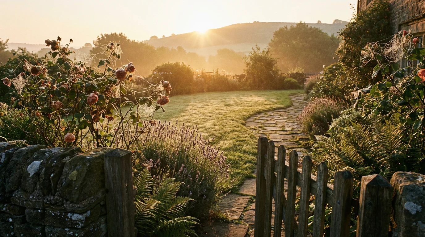 Sunrise light over a dewy garden, suggesting a fresh start.
