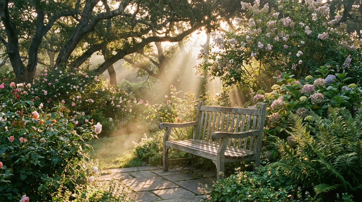 A sunlit garden bench at dawn evokes quiet hope and rest.